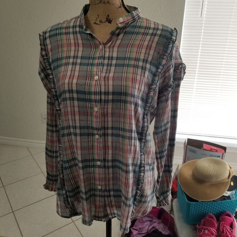CHAPS top SP size button up long sleeve plaid 100% cotton gray and white